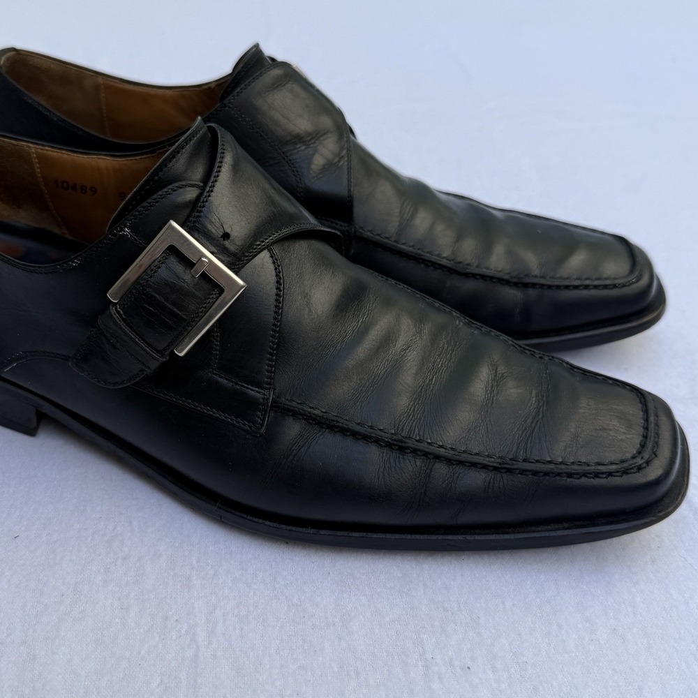 Magnanni Mens Shoes Monk Strap Black Leather Size 9W Wide Square Toe Spain Dress
